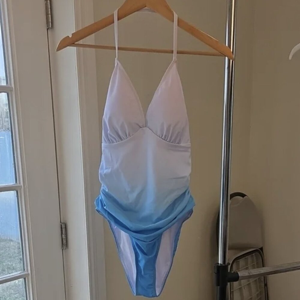 Blue and white one piece swimsuit